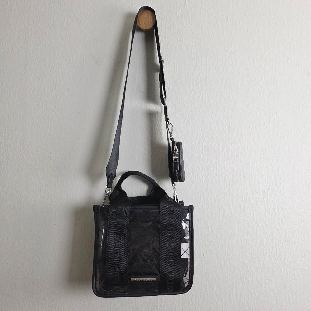 Steve Madden Clear Satchel Tote Bag Crossbody Black Logo Strap NEW - Picture 2 of 11
